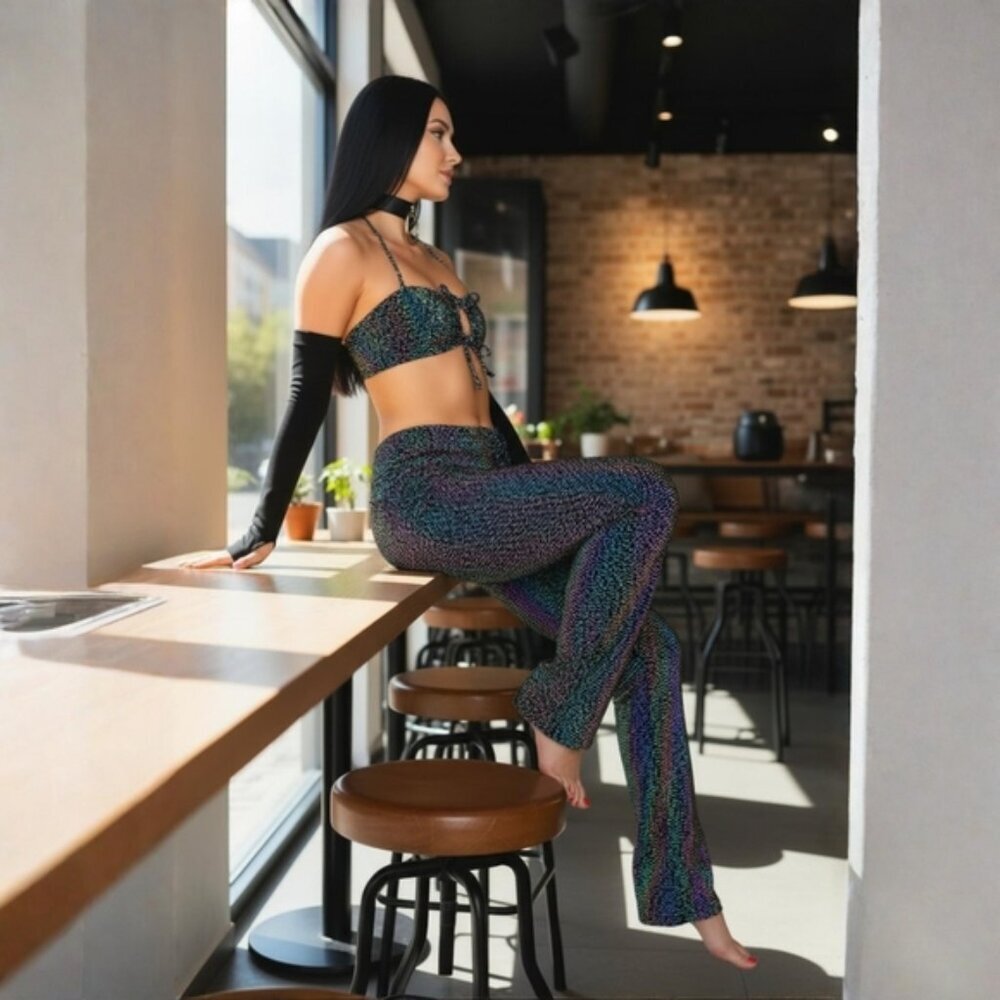 Club Exx ✦ Space Invader Reflective Cut‑Out Tie Bra Top ✦ Black Rainbow Flecks L